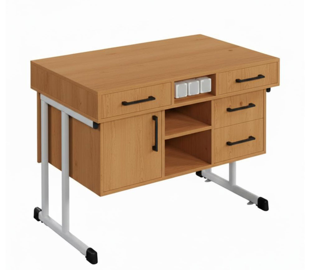 Стіл демонстраційний з розетками, 1200х750х900 мм, на вертикальній плоскоовальній трубі, стільниця покрита пластиком HPL (ЛЕОНТЕК) (100302 HPL)